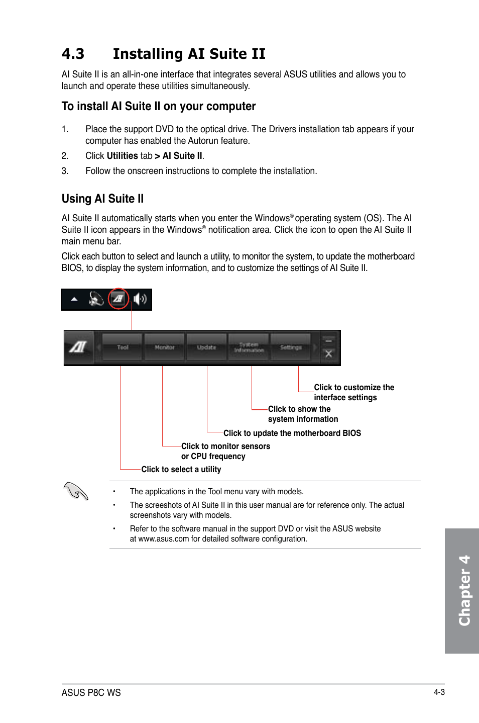 Chapter 4, 3 installing ai suite ii, Using ai suite ii | Asus P8C WS User Manual | Page 107 / 140