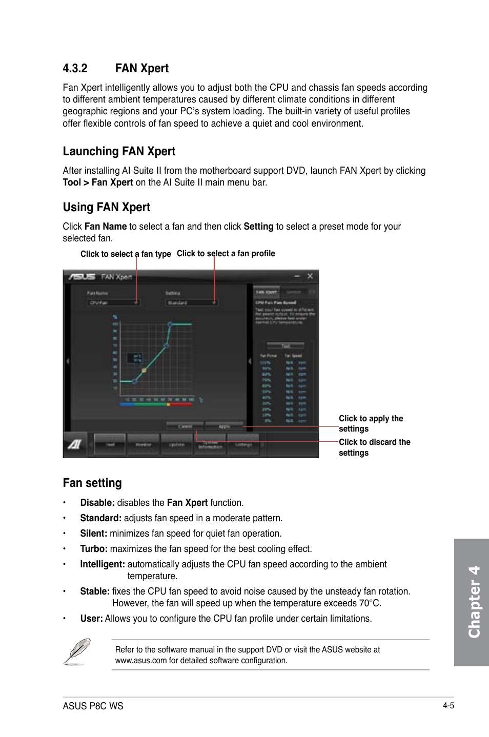 Chapter 4, 2 fan xpert, Launching fan xpert | Using fan xpert, Fan setting | Asus P8C WS User Manual | Page 109 / 140