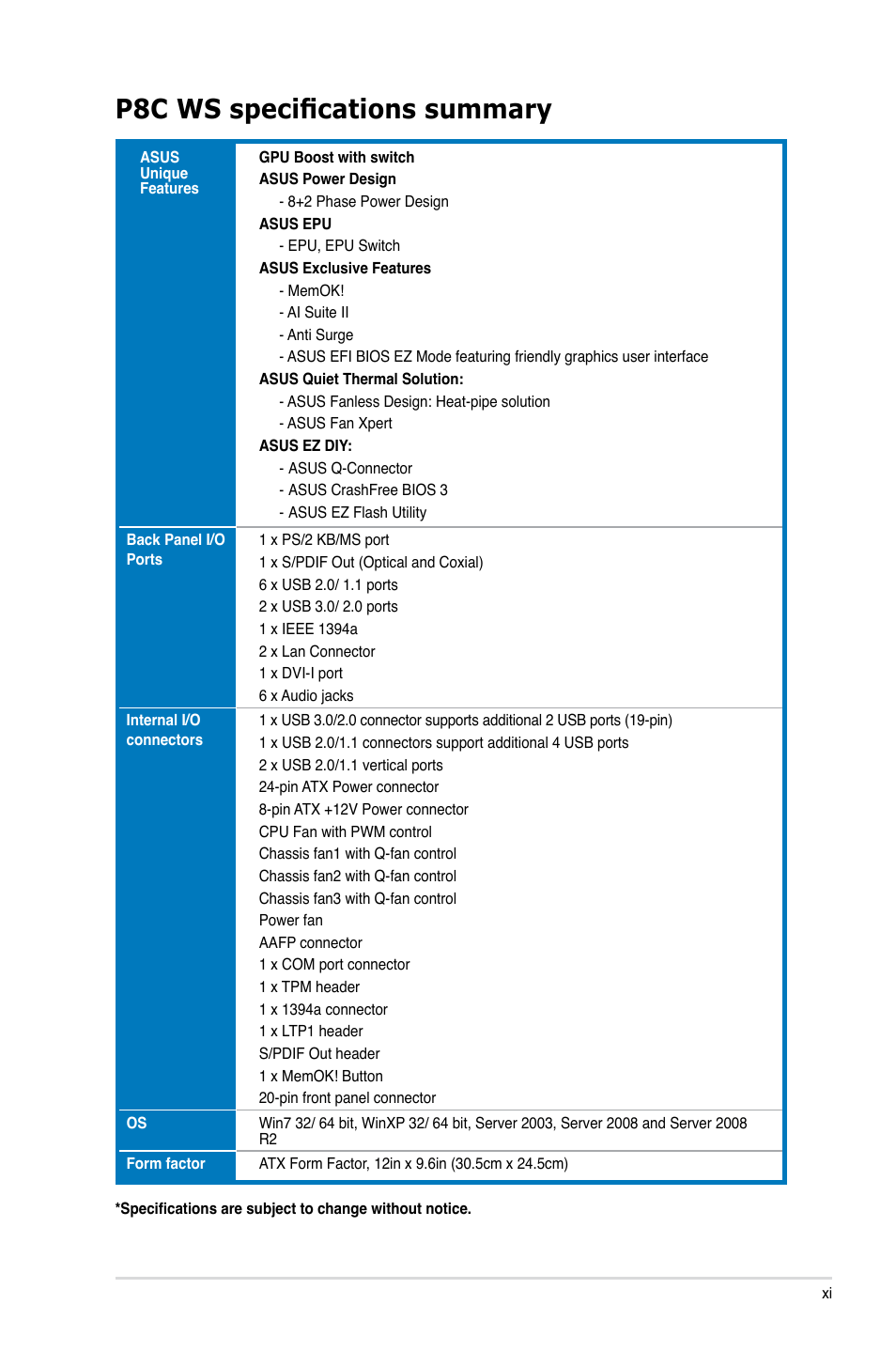 P8c ws specifications summary | Asus P8C WS User Manual | Page 11 / 140