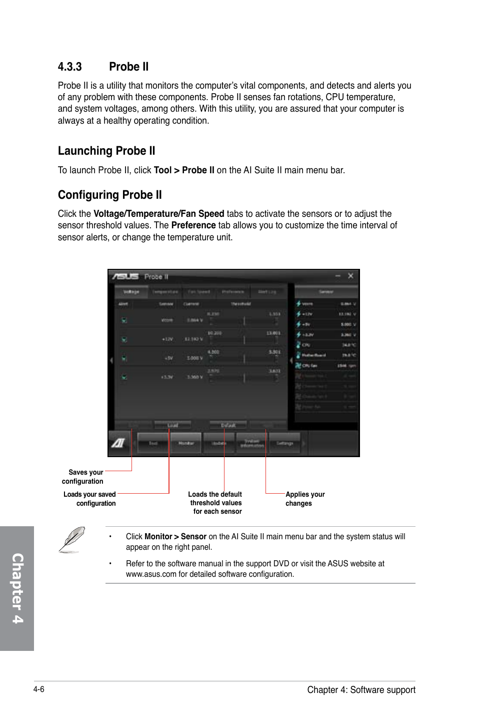 Chapter 4, 3 probe ii, Launching probe ii | Configuring probe ii | Asus P8C WS User Manual | Page 110 / 140