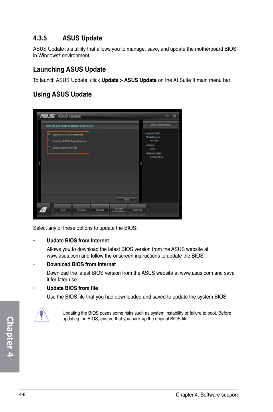 Chapter 4, 5 asus update, Launching asus update | Using asus update | Asus P8C WS User Manual | Page 112 / 140