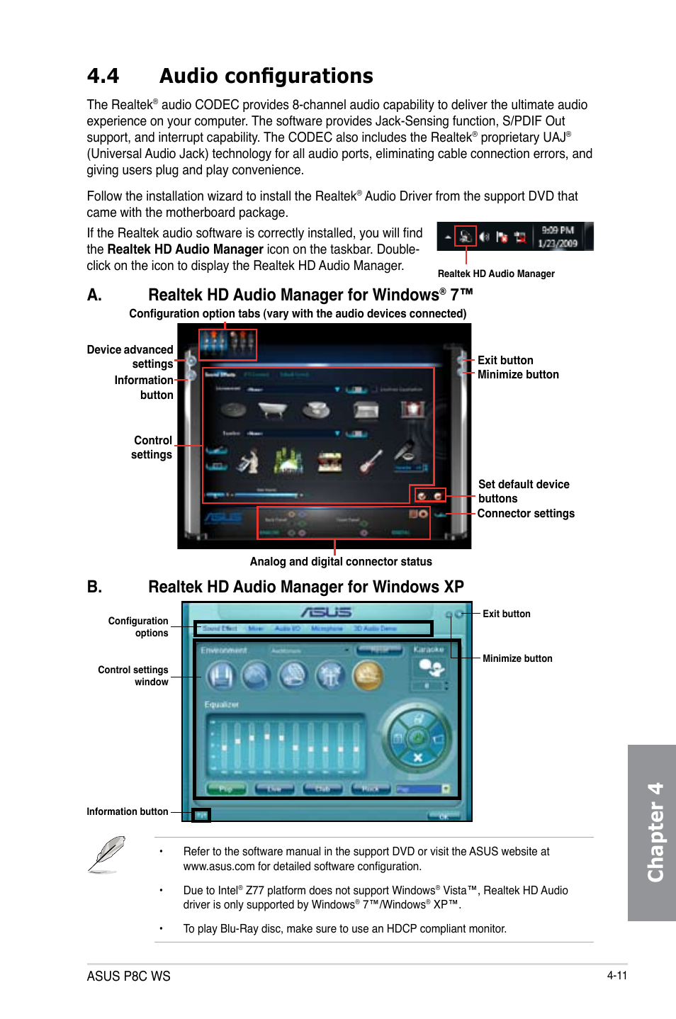 Chapter 4 4.4 audio configurations, B. realtek hd audio manager for windows xp, A. realtek hd audio manager for windows | Asus P8C WS User Manual | Page 115 / 140