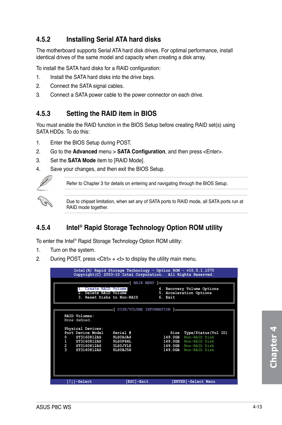 Chapter 4, 2 installing serial ata hard disks, 3 setting the raid item in bios | 4 intel, Rapid storage technology option rom utility | Asus P8C WS User Manual | Page 117 / 140