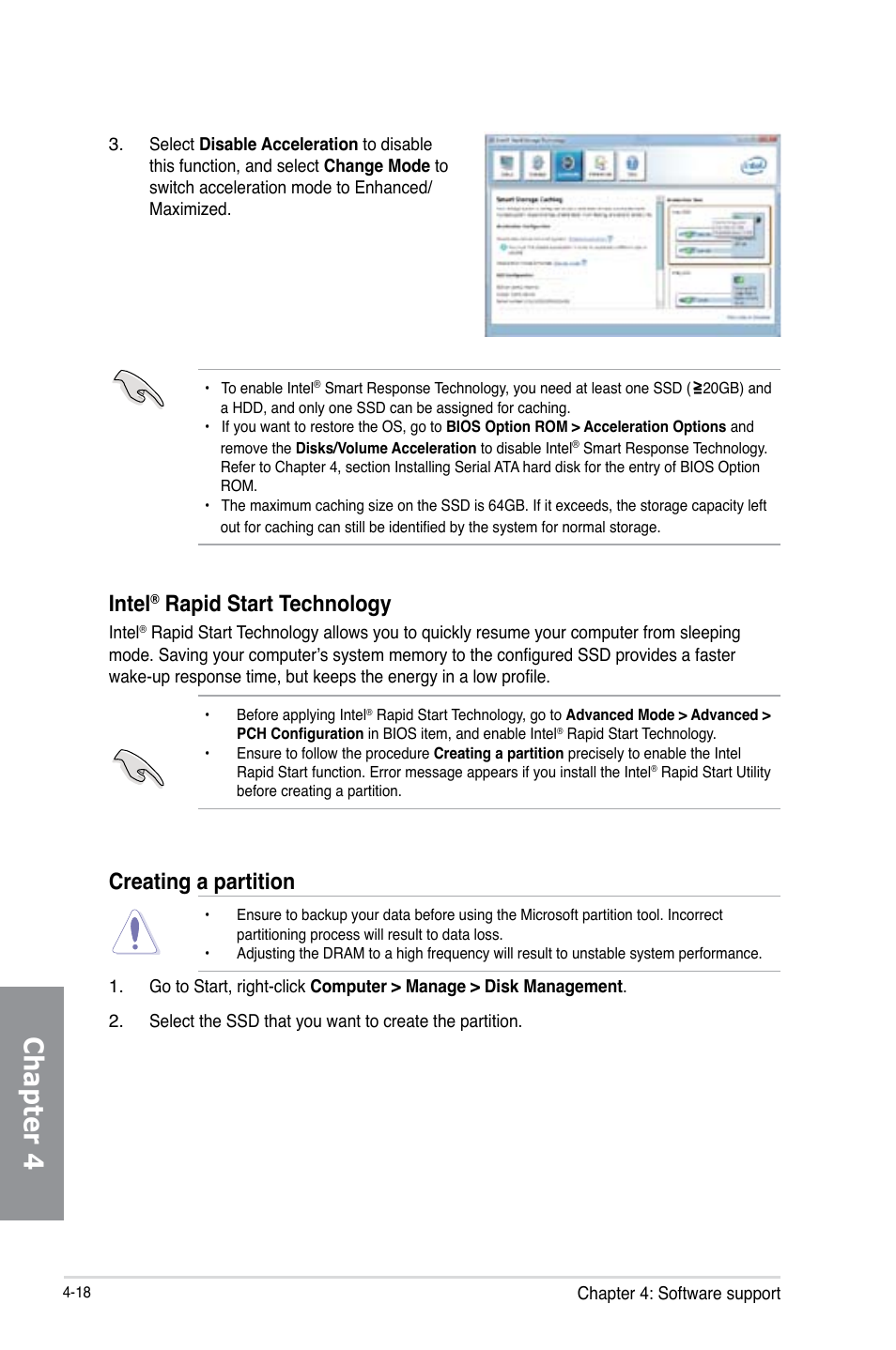 Chapter 4, Intel, Rapid start technology | Creating a partition | Asus P8C WS User Manual | Page 122 / 140