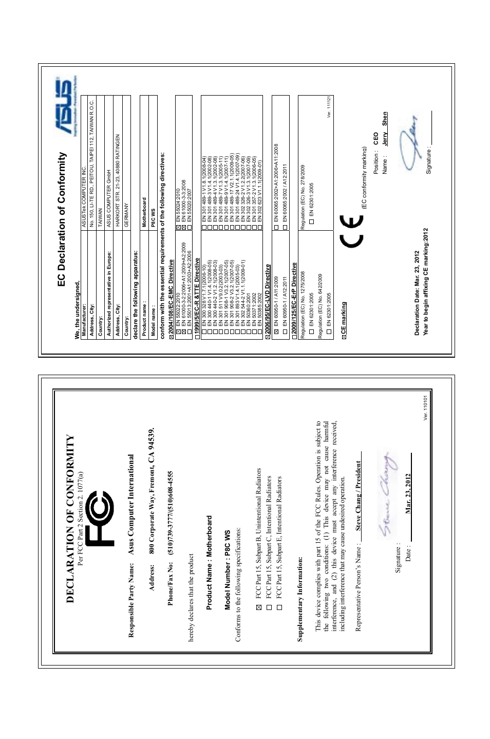 Declaration of conformity, Ec declaration of conformity, Asu s c om pu te r in te rn at io na l | Asus P8C WS User Manual | Page 140 / 140