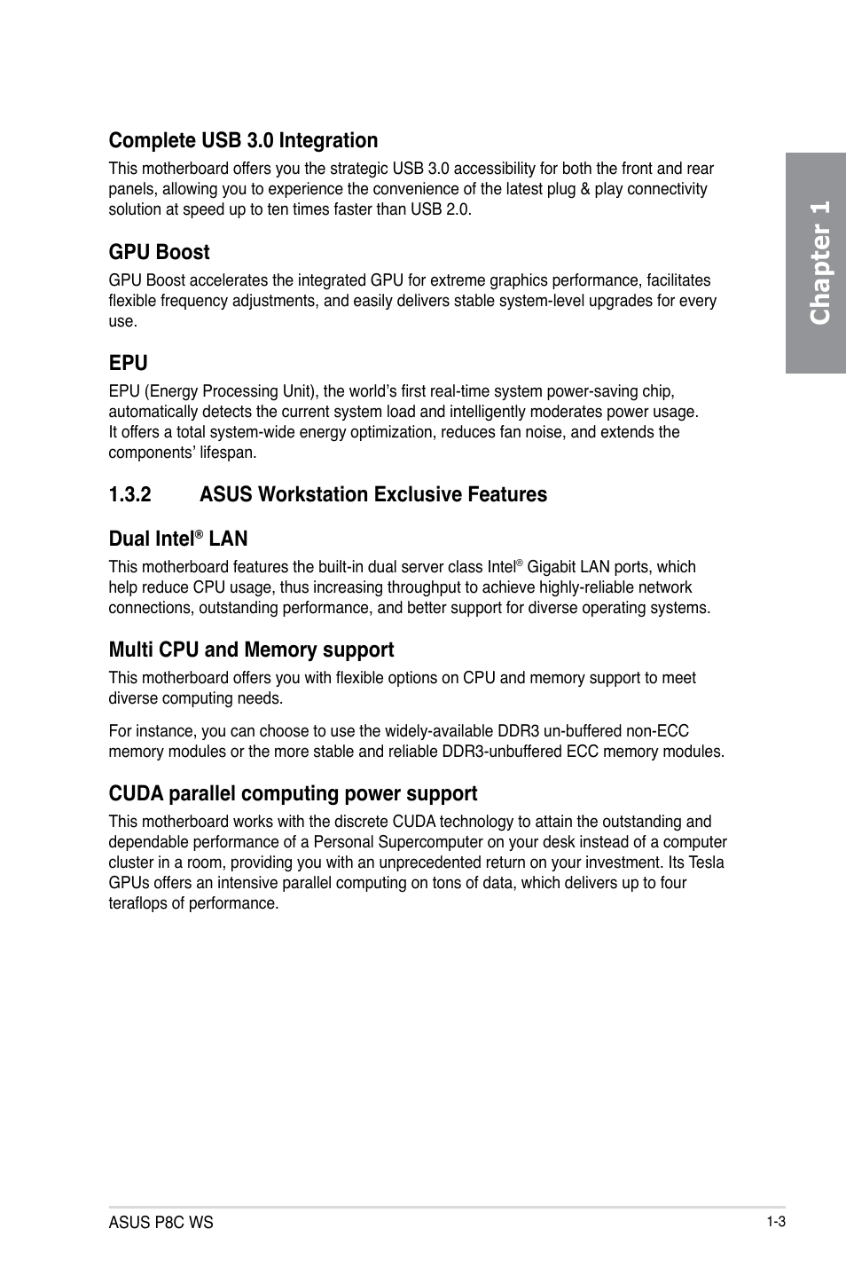 Chapter 1, Complete usb 3.0 integration, Gpu boost | 2 asus workstation exclusive features dual intel, Cuda parallel computing power support | Asus P8C WS User Manual | Page 15 / 140