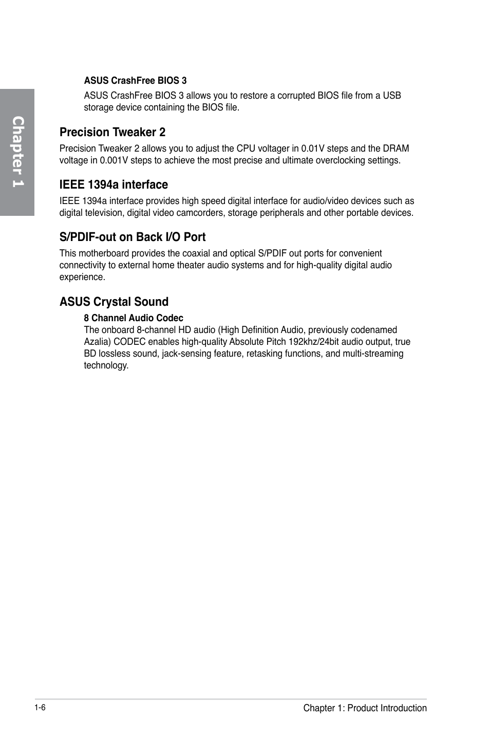 Chapter 1, Precision tweaker 2, Ieee 1394a interface | S/pdif-out on back i/o port, Asus crystal sound | Asus P8C WS User Manual | Page 18 / 140