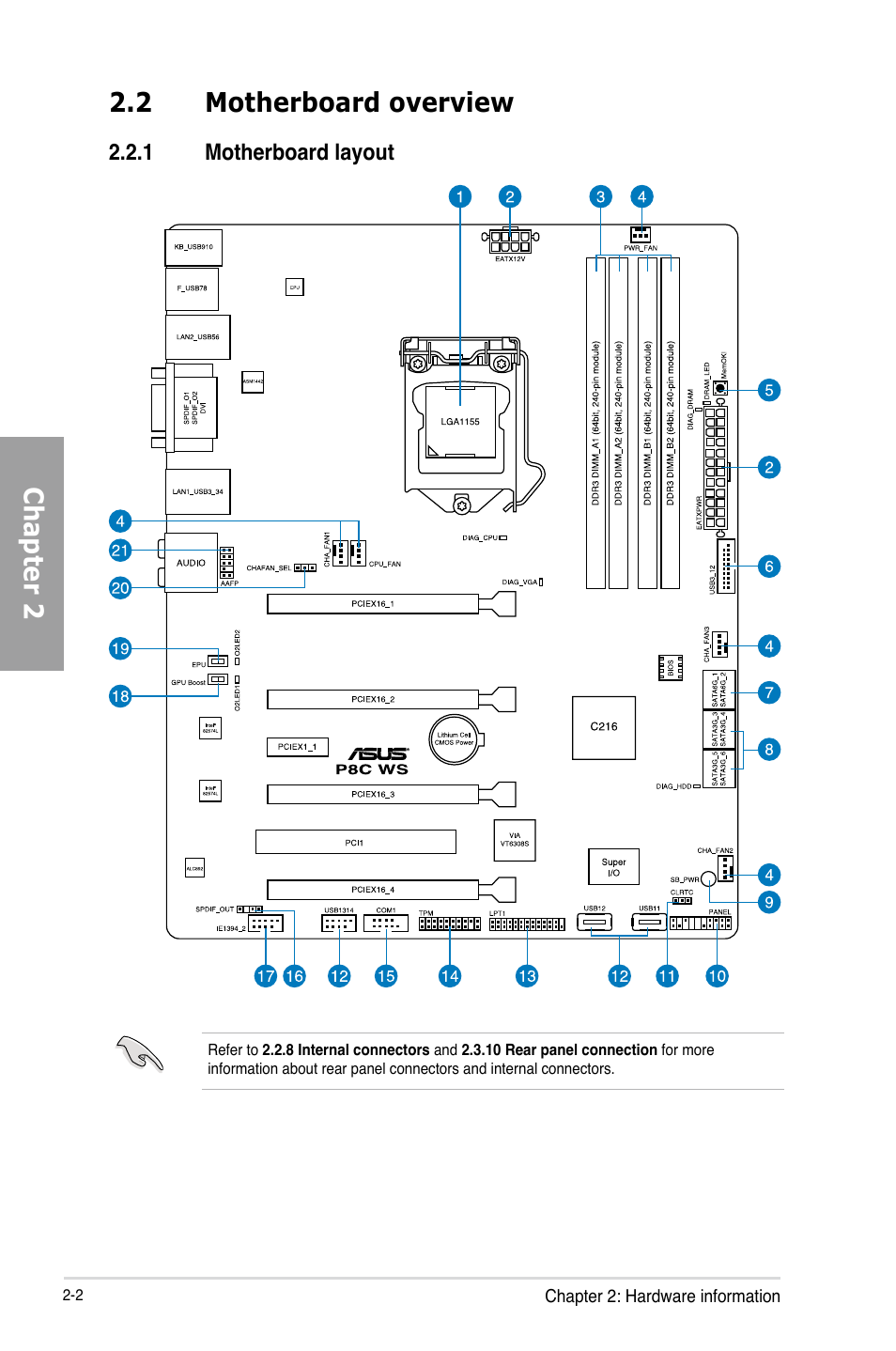 Chapter 2, 2 motherboard overview | Asus P8C WS User Manual | Page 20 / 140