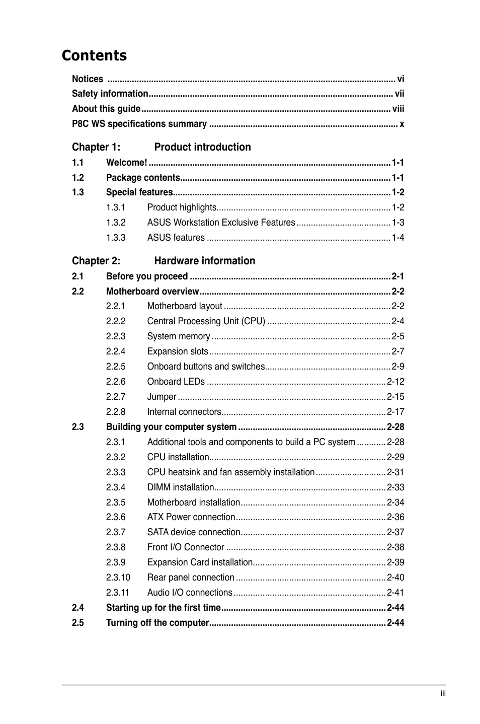 Asus P8C WS User Manual | Page 3 / 140