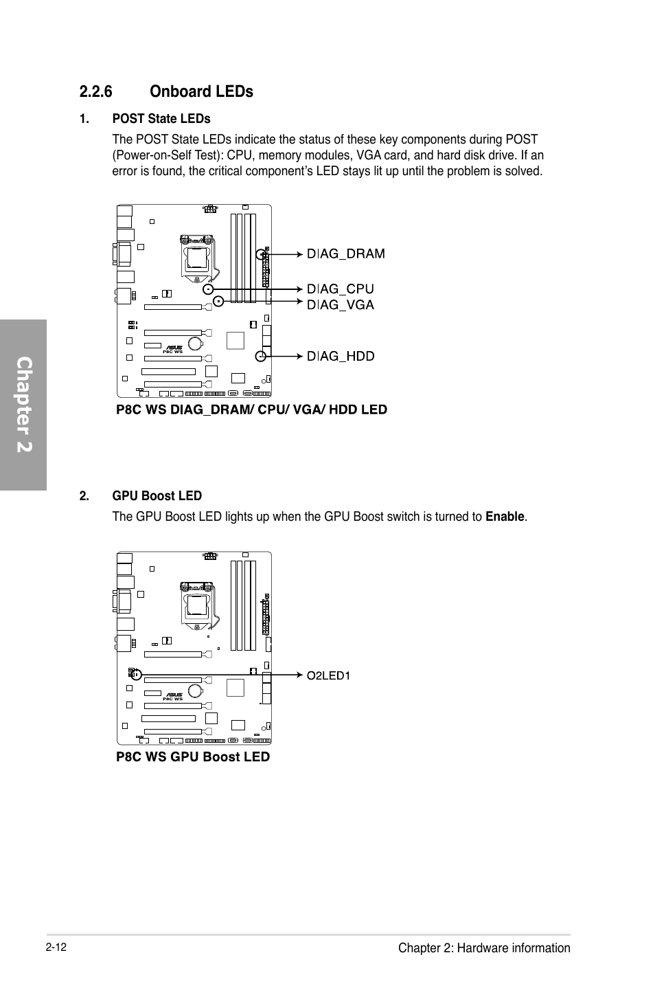 Chapter 2, 6 onboard leds | Asus P8C WS User Manual | Page 30 / 140