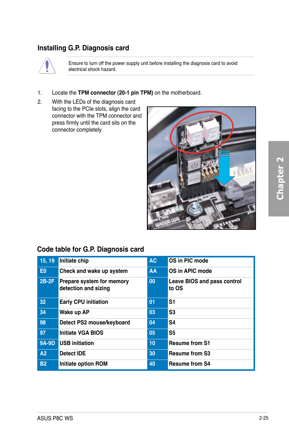 Chapter 2, Code table for g.p. diagnosis card, Installing g.p. diagnosis card | Asus P8C WS User Manual | Page 43 / 140