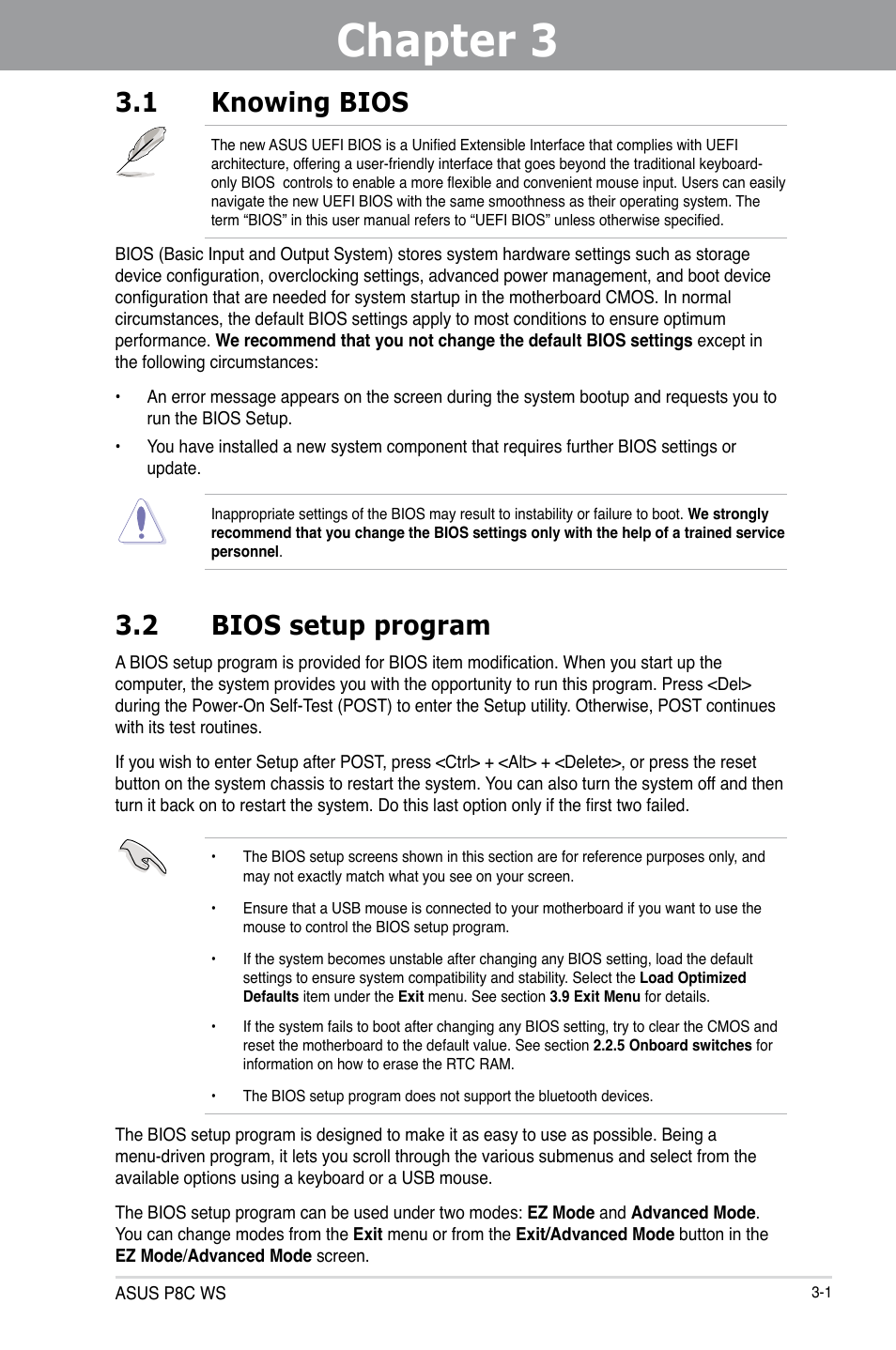 Chapter 3, 1 knowing bios, 2 bios setup program | Asus P8C WS User Manual | Page 63 / 140