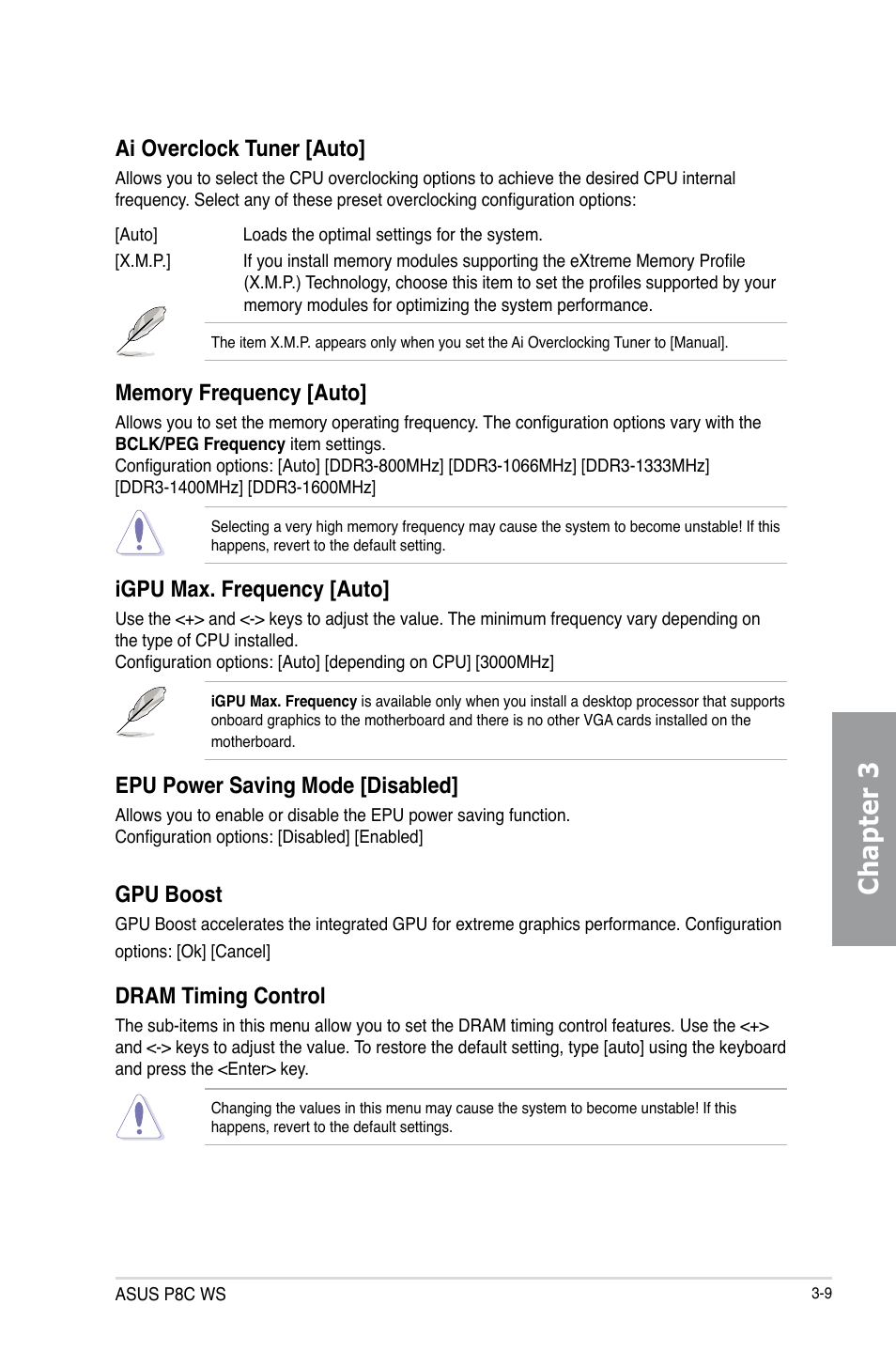 Chapter 3, Ai overclock tuner [auto, Igpu max. frequency [auto | Epu power saving mode [disabled, Gpu boost, Dram timing control | Asus P8C WS User Manual | Page 71 / 140