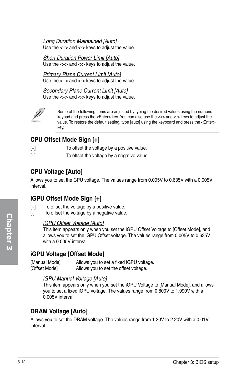 Chapter 3, Cpu offset mode sign, Cpu voltage [auto | Igpu offset mode sign, Igpu voltage [offset mode, Dram voltage [auto | Asus P8C WS User Manual | Page 74 / 140