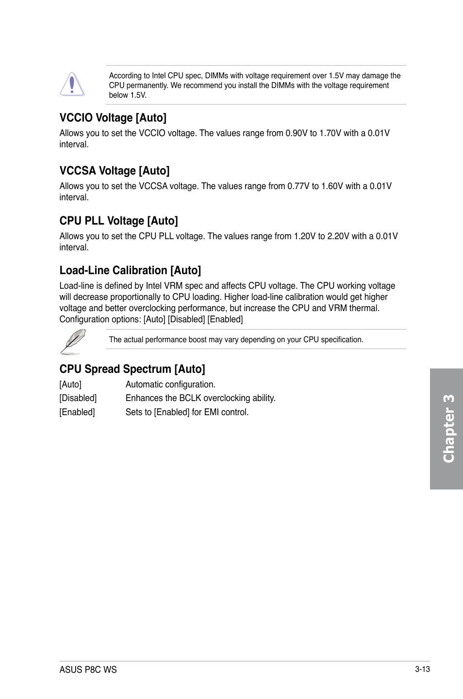 Chapter 3, Vccio voltage [auto, Vccsa voltage [auto | Cpu pll voltage [auto, Load-line calibration [auto, Cpu spread spectrum [auto | Asus P8C WS User Manual | Page 75 / 140