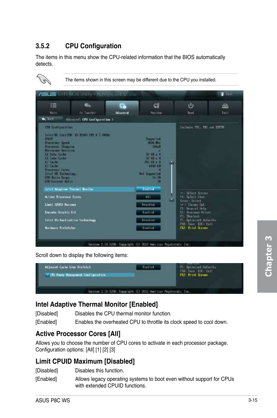 Chapter 3, 2 cpu configuration, Intel adaptive thermal monitor [enabled | Active processor cores [all, Limit cpuid maximum [disabled | Asus P8C WS User Manual | Page 77 / 140