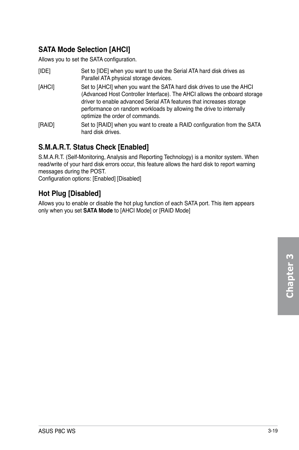 Chapter 3, Sata mode selection [ahci, S.m.a.r.t. status check [enabled | Hot plug [disabled | Asus P8C WS User Manual | Page 81 / 140