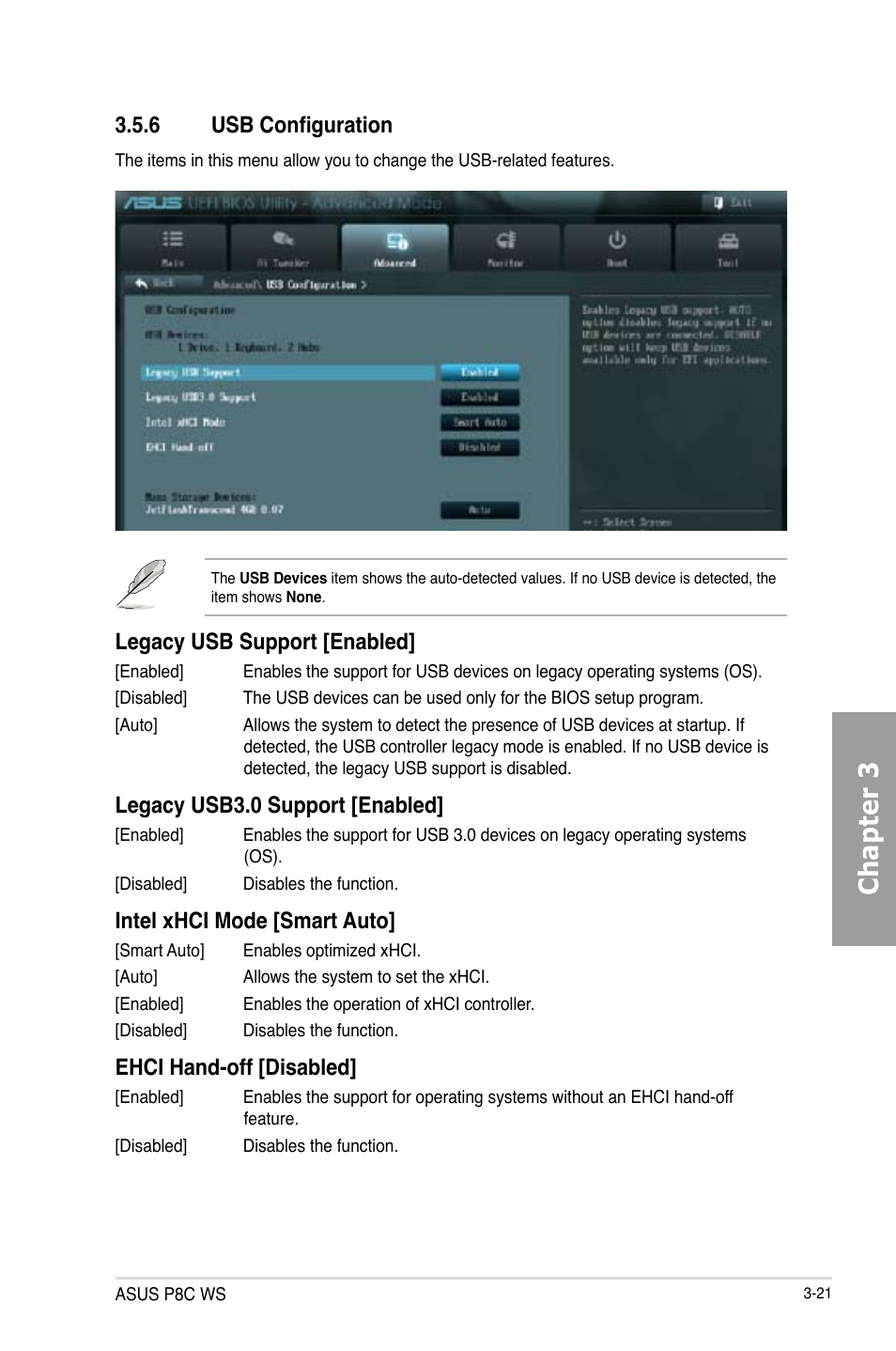 Chapter 3, 6 usb configuration, Legacy usb support [enabled | Legacy usb3.0 support [enabled, Intel xhci mode [smart auto, Ehci hand-off [disabled | Asus P8C WS User Manual | Page 83 / 140