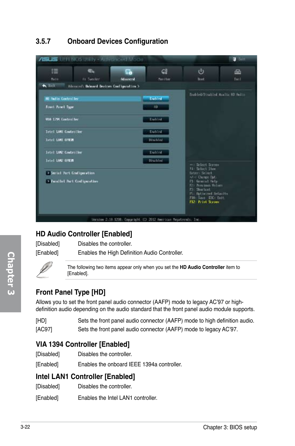 Chapter 3, Front panel type [hd, Via 1394 controller [enabled | Intel lan1 controller [enabled | Asus P8C WS User Manual | Page 84 / 140