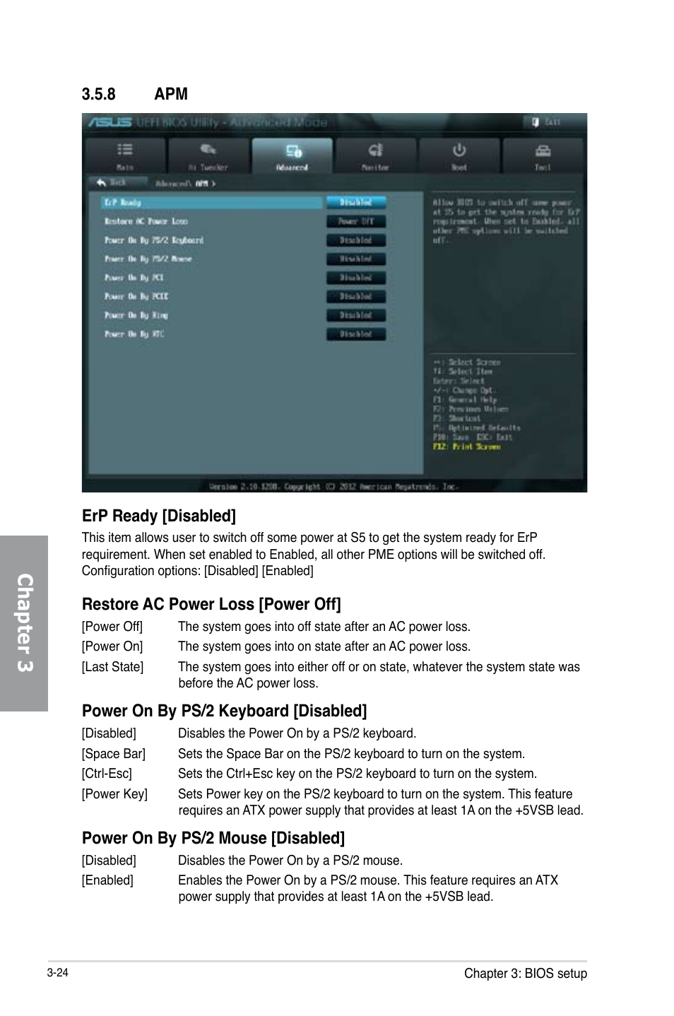 Chapter 3, 8 apm erp ready [disabled, Restore ac power loss [power off | Power on by ps/2 keyboard [disabled, Power on by ps/2 mouse [disabled | Asus P8C WS User Manual | Page 86 / 140