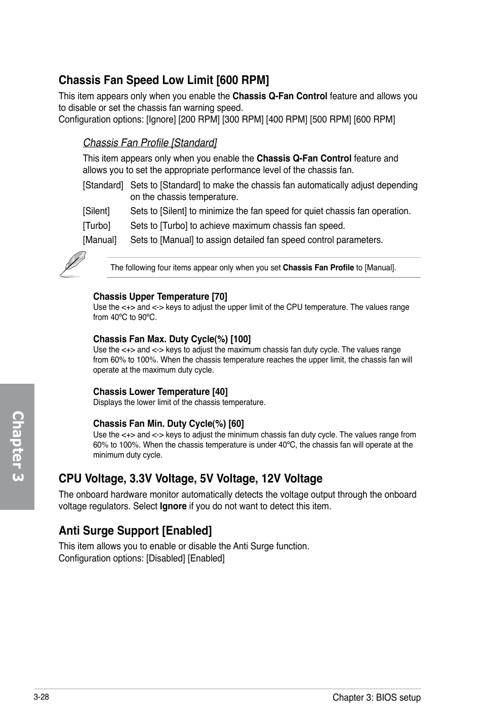 Chapter 3, Chassis fan speed low limit [600 rpm, Anti surge support [enabled | Asus P8C WS User Manual | Page 90 / 140