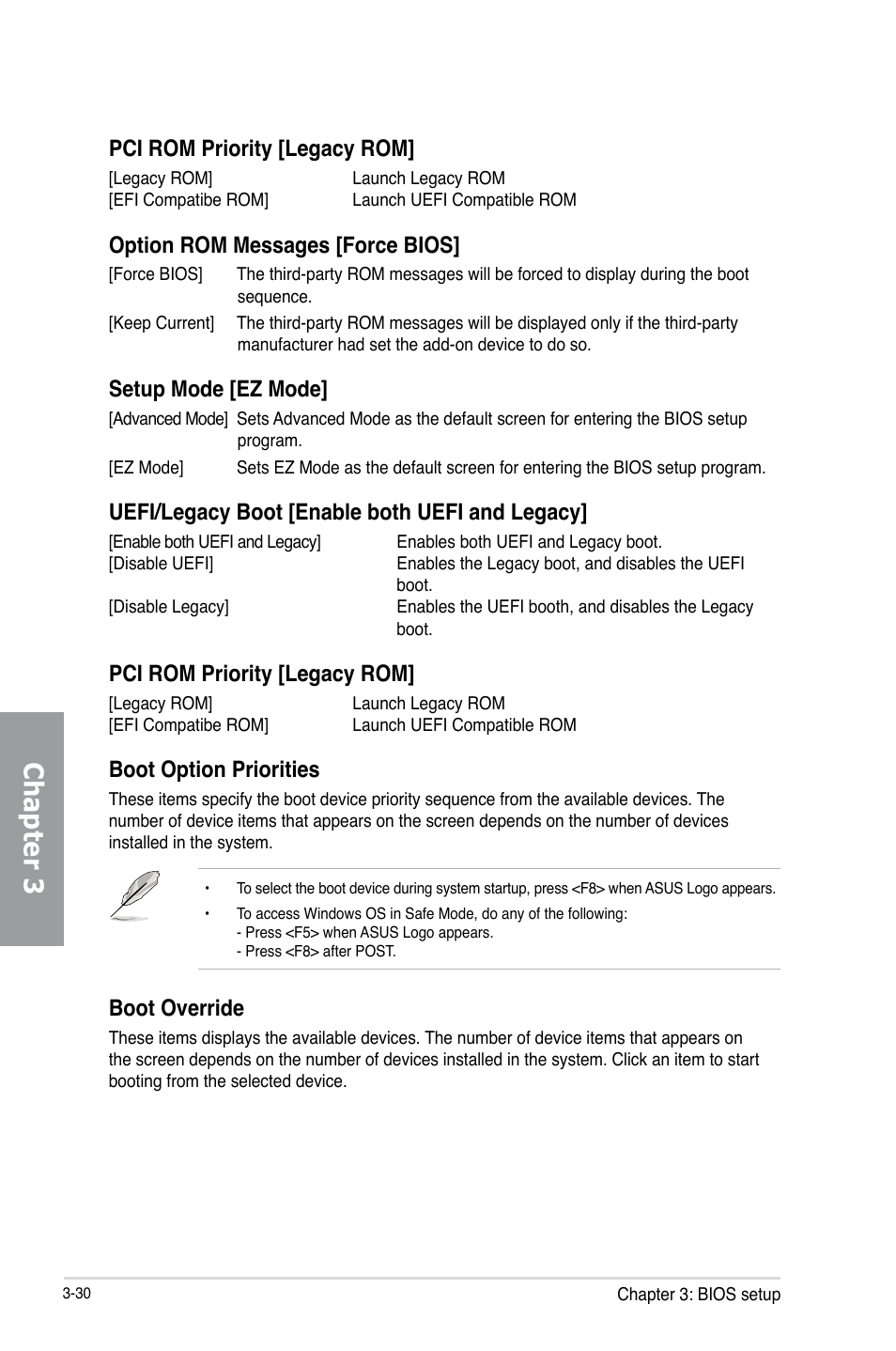 Chapter 3, Pci rom priority [legacy rom, Option rom messages [force bios | Setup mode [ez mode, Uefi/legacy boot [enable both uefi and legacy, Boot option priorities, Boot override | Asus P8C WS User Manual | Page 92 / 140