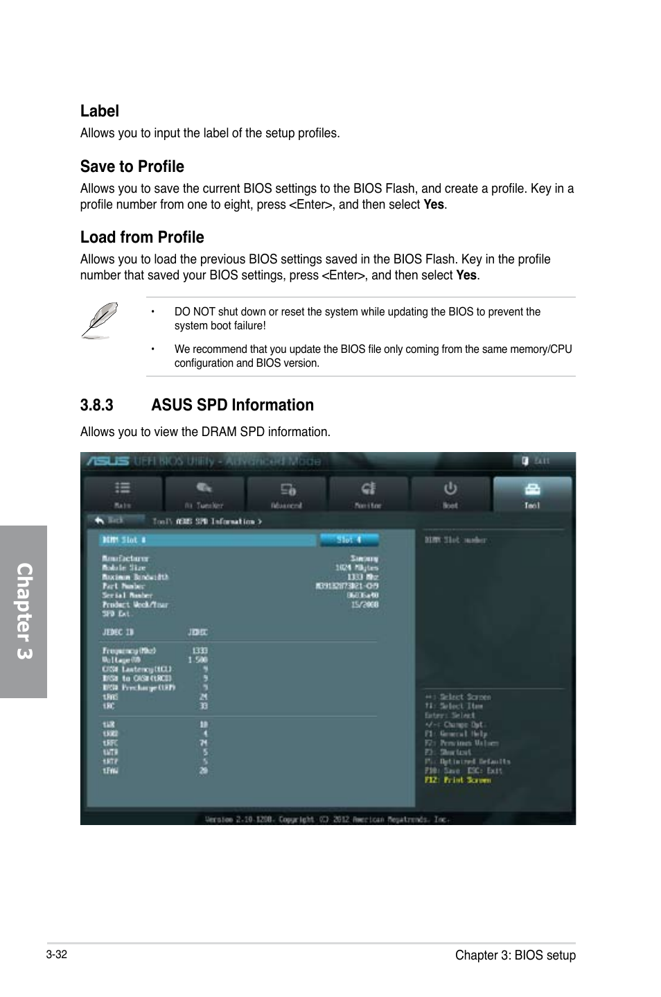 Chapter 3, Label, Save to profile | Load from profile, 3 asus spd information | Asus P8C WS User Manual | Page 94 / 140