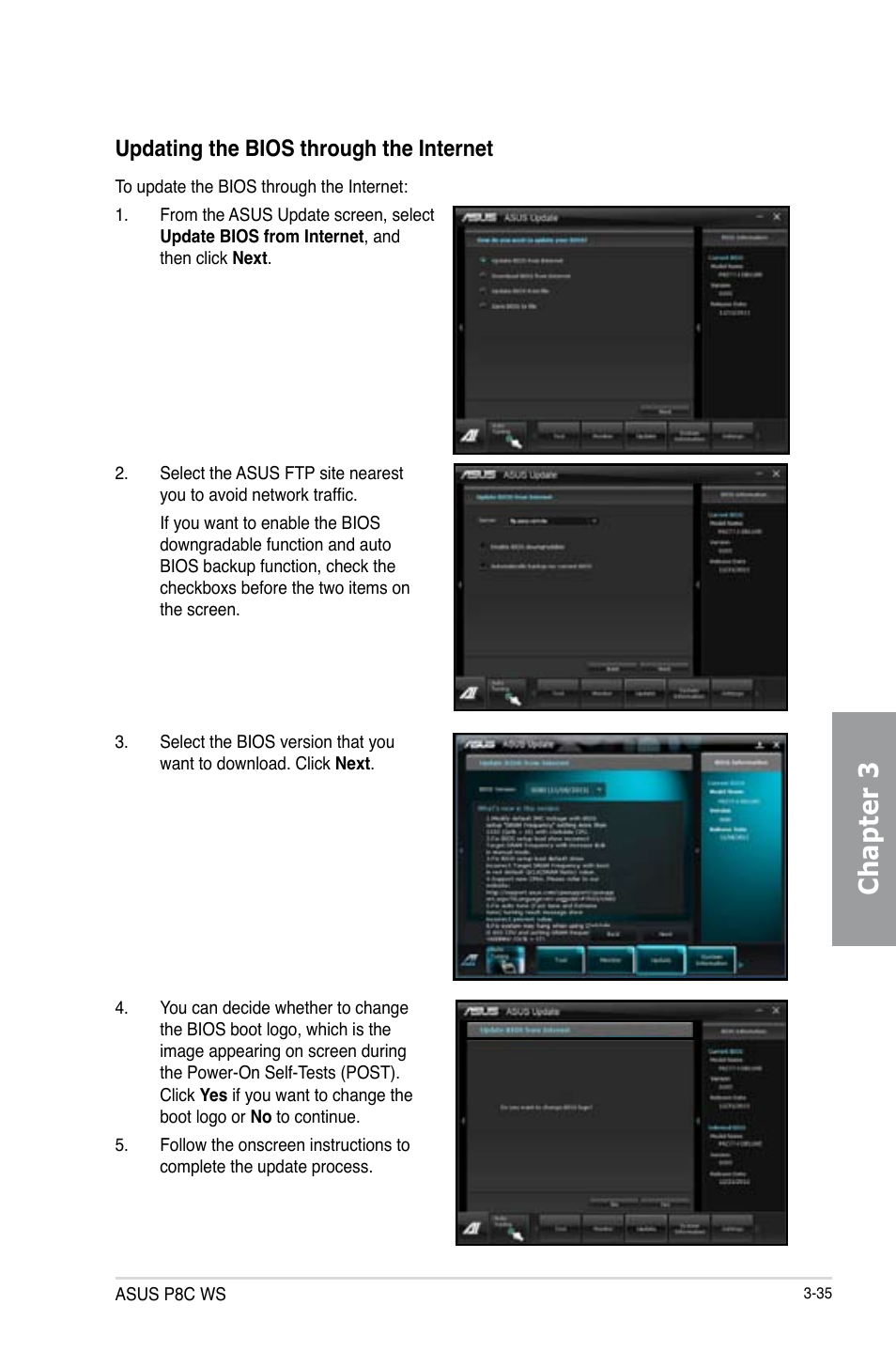 Chapter 3, Updating the bios through the internet | Asus P8C WS User Manual | Page 97 / 140