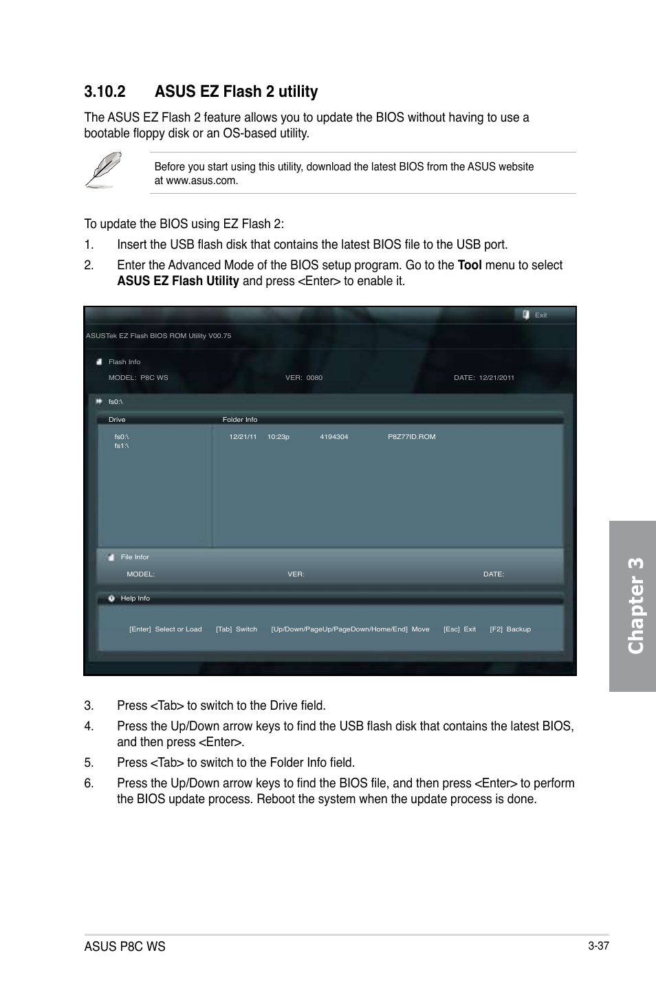 Chapter 3, 2 asus ez flash 2 utility, Asus p8c ws | Asus P8C WS User Manual | Page 99 / 140