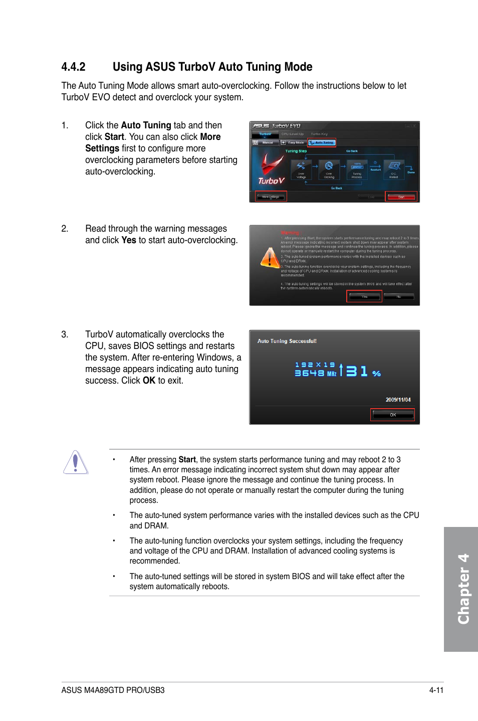 2 using asus turbov auto tuning mode, Using asus turbov auto tuning mode -11, Chapter 4 | Asus M4A89GTD PRO/USB3 User Manual | Page 111 / 128