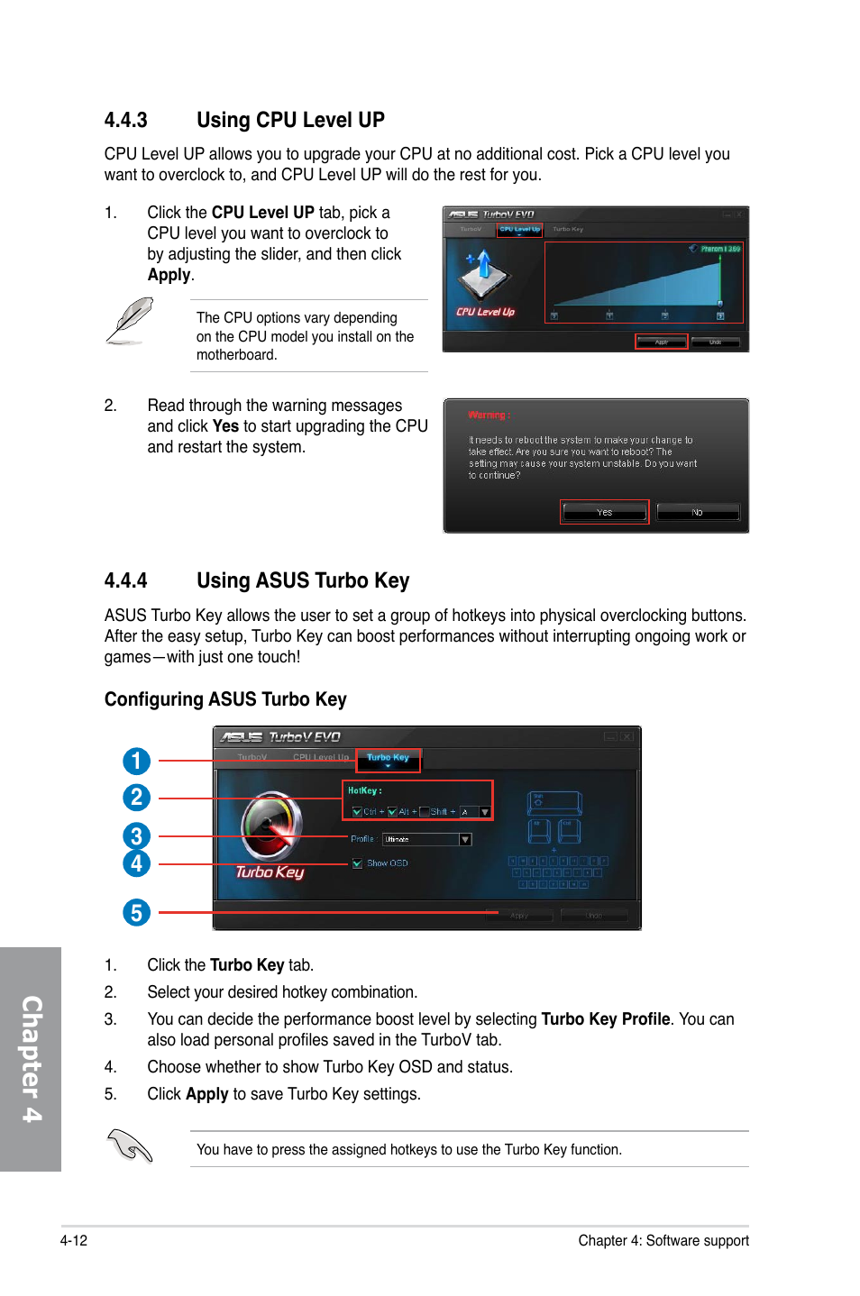 3 using cpu level up, 4 using asus turbo key, Using cpu level up -12 | Using asus turbo key -12, Chapter 4 | Asus M4A89GTD PRO/USB3 User Manual | Page 112 / 128