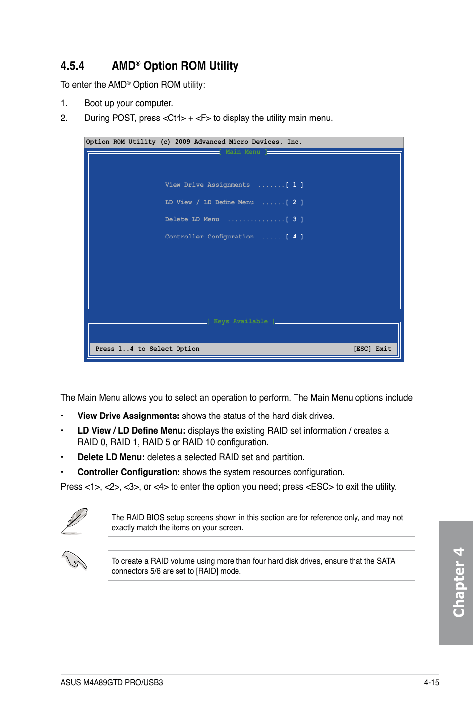 4 amd® option rom utility, Option rom utility -15, Chapter 4 | 4 amd, Option rom utility | Asus M4A89GTD PRO/USB3 User Manual | Page 115 / 128