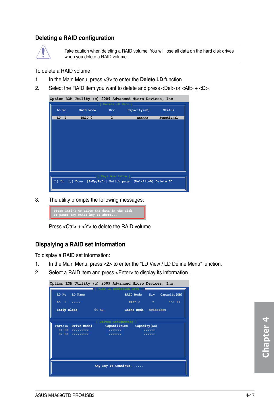 Chapter 4, Deleting a raid configuration, Dispalying a raid set information | Asus M4A89GTD PRO/USB3 User Manual | Page 117 / 128