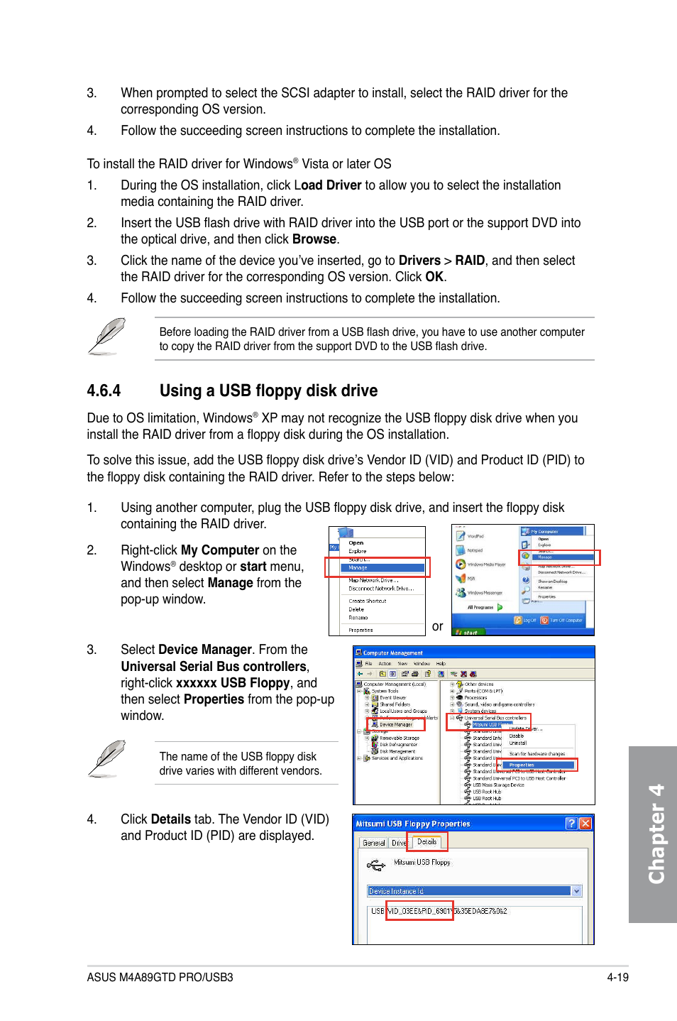 4 using a usb floppy disk drive, Using a usb floppy disk drive -19, Chapter 4 | Asus M4A89GTD PRO/USB3 User Manual | Page 119 / 128