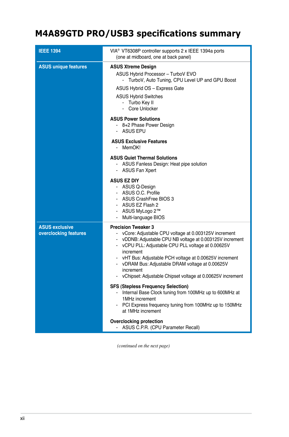 M4a89gtd pro/usb3 specifications summary | Asus M4A89GTD PRO/USB3 User Manual | Page 12 / 128