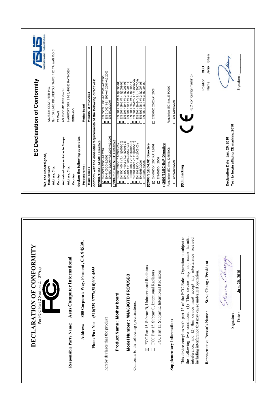 Declaration of conformity, Ec declaration of conformity, Asu s c om pu te r in te rn at io na l | Asus M4A89GTD PRO/USB3 User Manual | Page 128 / 128