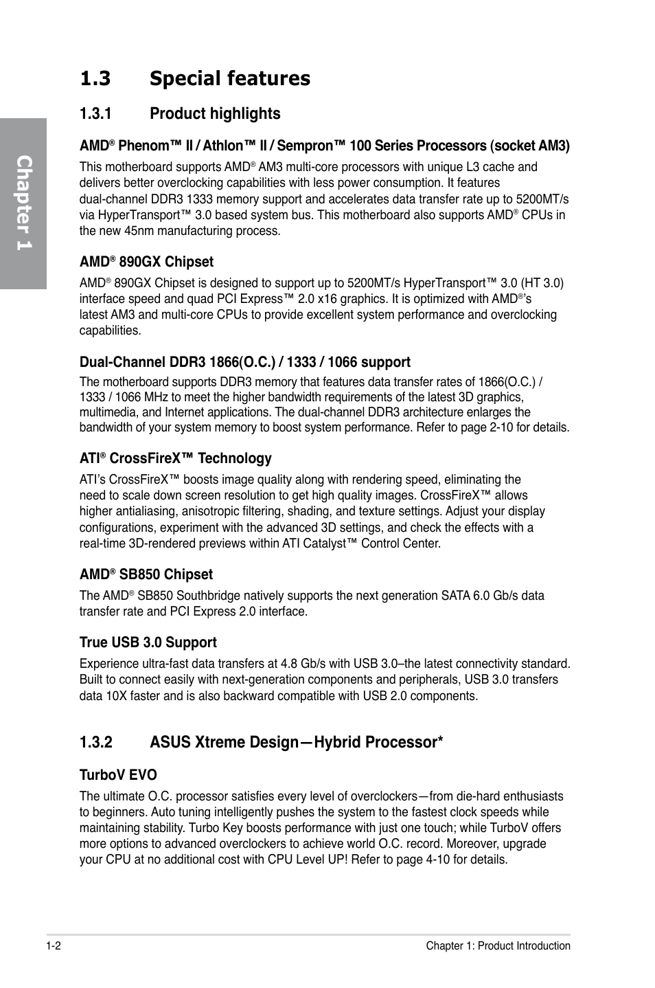 3 special features, 1 product highlights, 2 asus xtreme design—hybrid processor | Special features -2 1.3.1, Product highlights -2, Asus xtreme design—hybrid processor -2, Chapter 1 1.3 special features | Asus M4A89GTD PRO/USB3 User Manual | Page 16 / 128