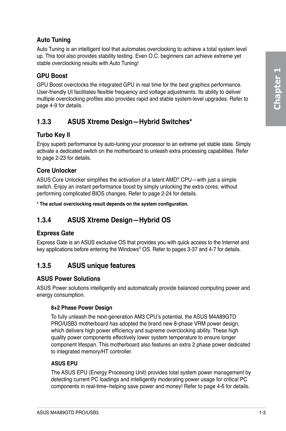 3 asus xtreme design—hybrid switches, 4 asus xtreme design—hybrid os, 5 asus unique features | Asus xtreme design—hybrid switches -3, Asus xtreme design—hybrid os -3, Asus unique features -3, Chapter 1 | Asus M4A89GTD PRO/USB3 User Manual | Page 17 / 128