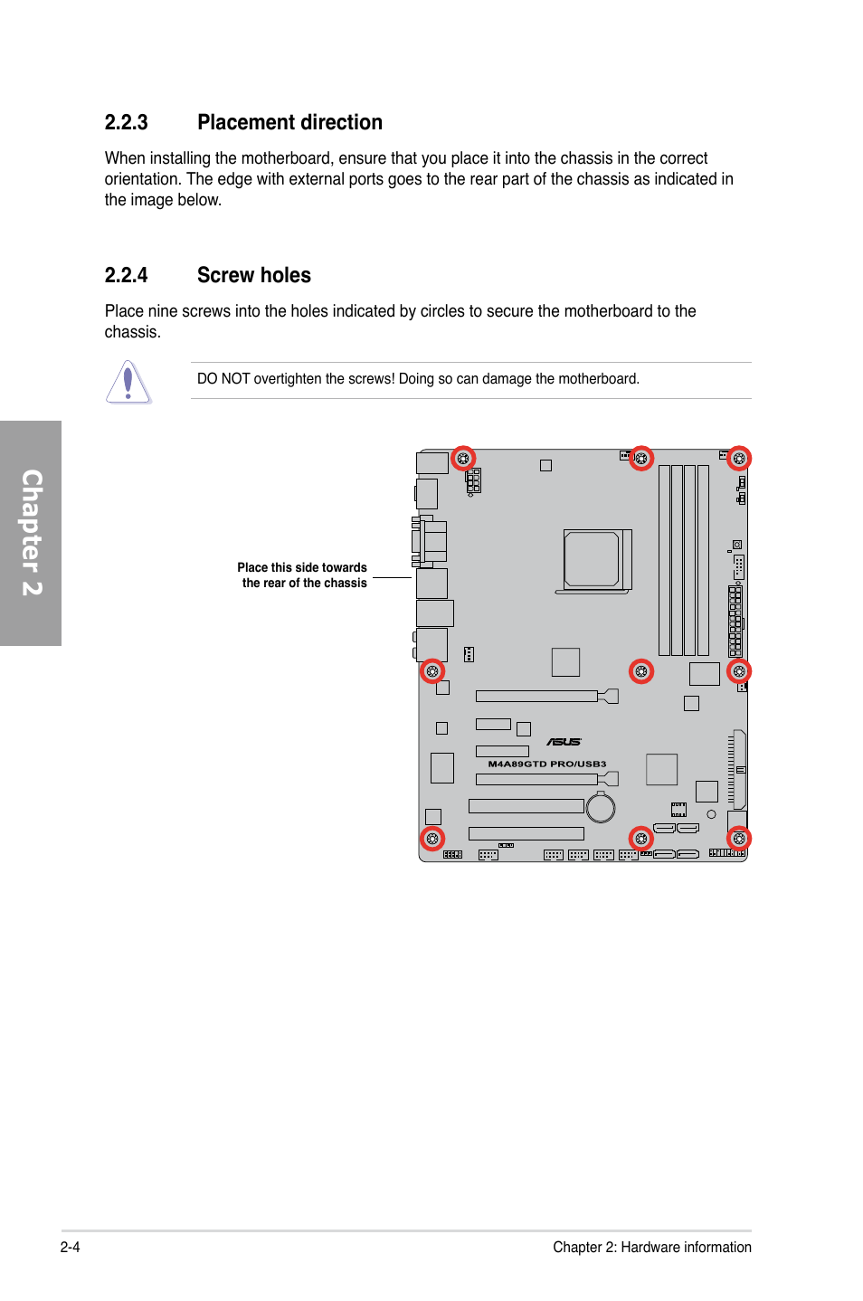3 placement direction, 4 screw holes, Placement direction -4 | Screw holes -4, Chapter 2 | Asus M4A89GTD PRO/USB3 User Manual | Page 22 / 128