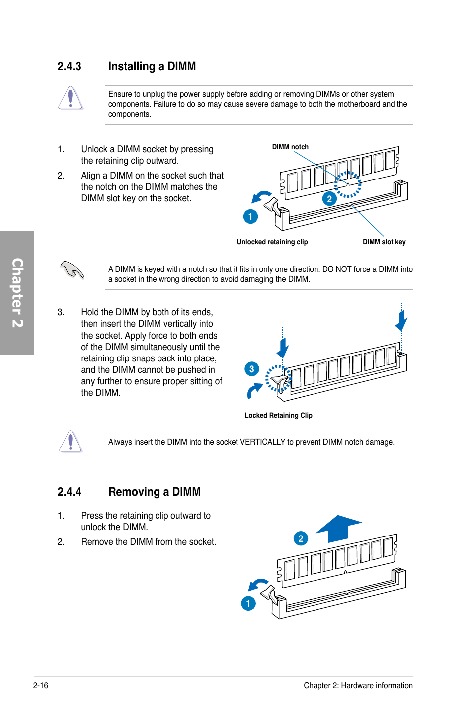 3 installing a dimm, 4 removing a dimm, Installing a dimm -16 | Removing a dimm -16, Chapter 2 | Asus M4A89GTD PRO/USB3 User Manual | Page 34 / 128