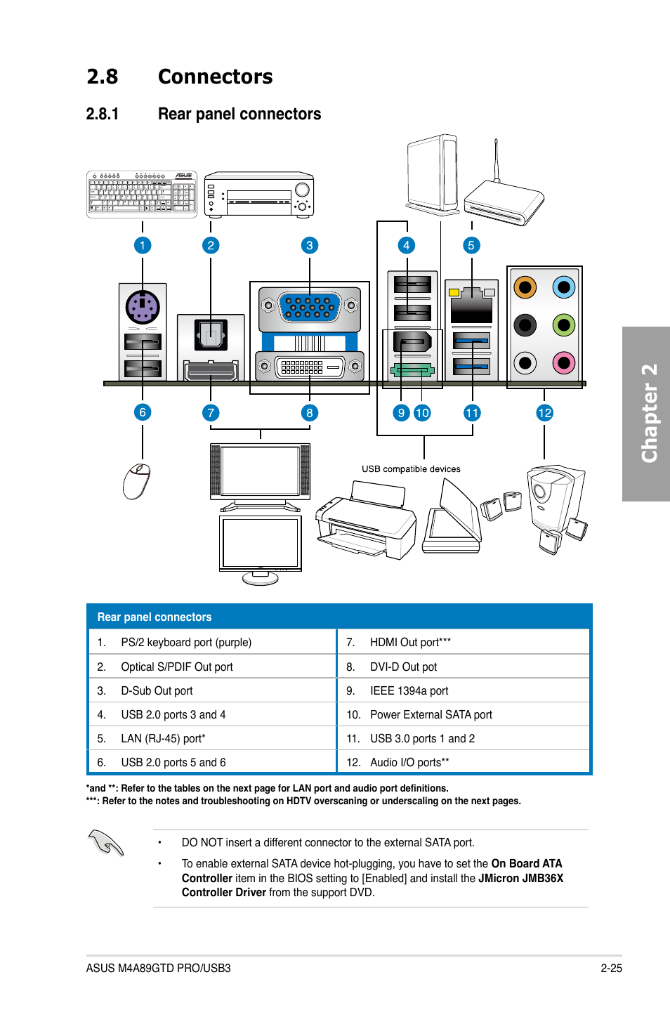 8 connectors, 1 rear panel connectors, Connectors -25 2.8.1 | Rear panel connectors -25, Chapter 2 2.8 connectors | Asus M4A89GTD PRO/USB3 User Manual | Page 43 / 128
