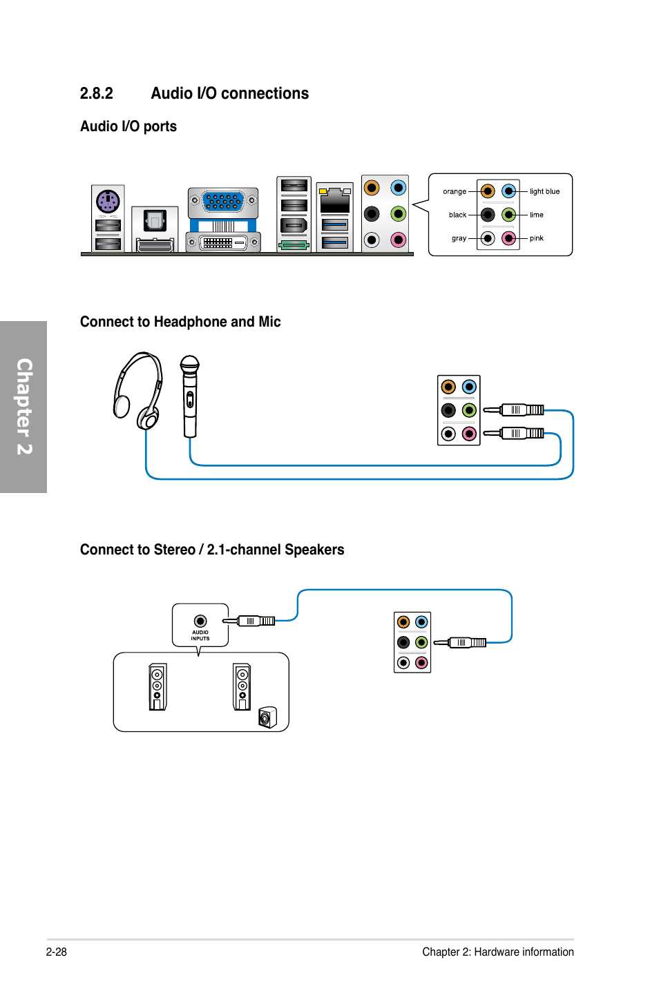 2 audio i/o connections, Audio i/o connections -28, Chapter 2 | Asus M4A89GTD PRO/USB3 User Manual | Page 46 / 128