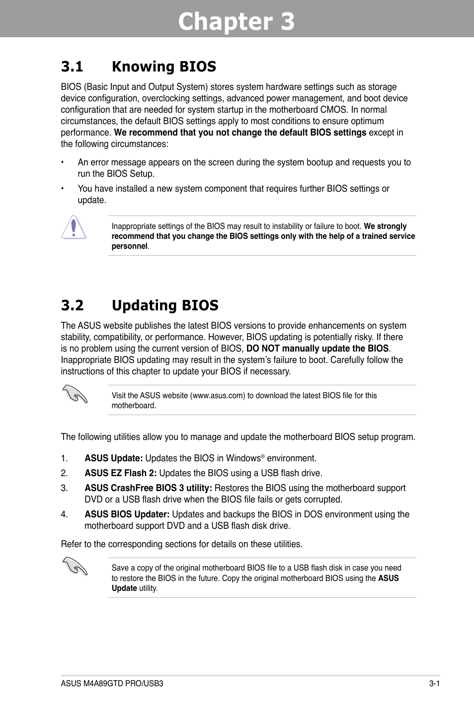 Chapter 3: bios setup, 1 knowing bios, 2 updating bios | Chapter 3, Bios setup, Knowing bios -1, Updating bios -1, Chapter 3 3.1 knowing bios | Asus M4A89GTD PRO/USB3 User Manual | Page 61 / 128