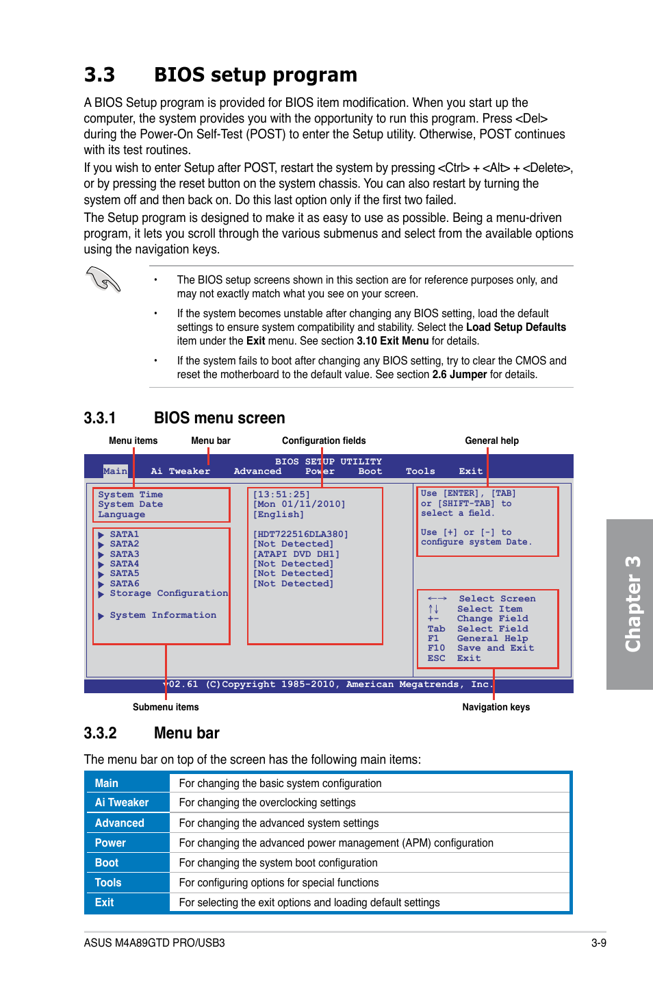 3 bios setup program, 1 bios menu screen, 2 menu bar | Bios setup program -9 3.3.1, Bios menu screen -9, Menu bar -9, Chapter 3 3.3 bios setup program, 1 bios menu screen 3.3.2 menu bar | Asus M4A89GTD PRO/USB3 User Manual | Page 69 / 128