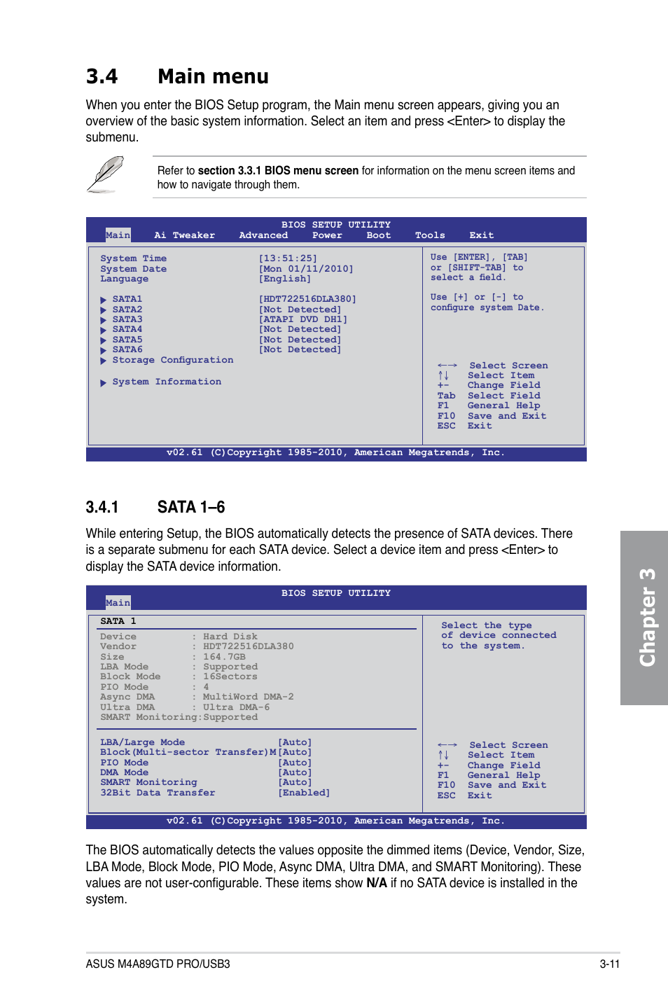 4 main menu, 1 sata 1–6, Main menu -11 3.4.1 | Sata 1–6 -11, Chapter 3 3.4 main menu | Asus M4A89GTD PRO/USB3 User Manual | Page 71 / 128