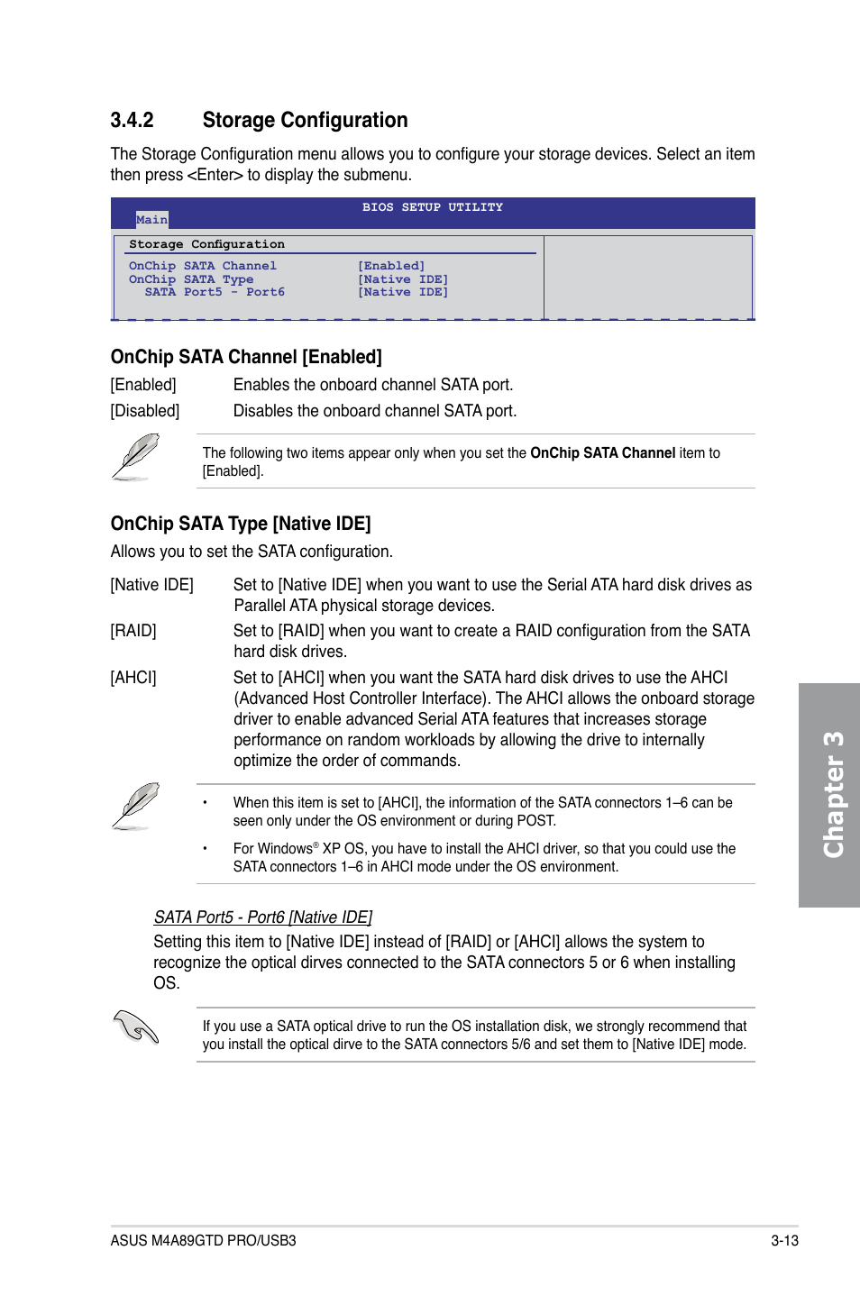2 storage configuration, Storage configuration -13, Chapter 3 | Onchip sata channel [enabled, Onchip sata type [native ide | Asus M4A89GTD PRO/USB3 User Manual | Page 73 / 128