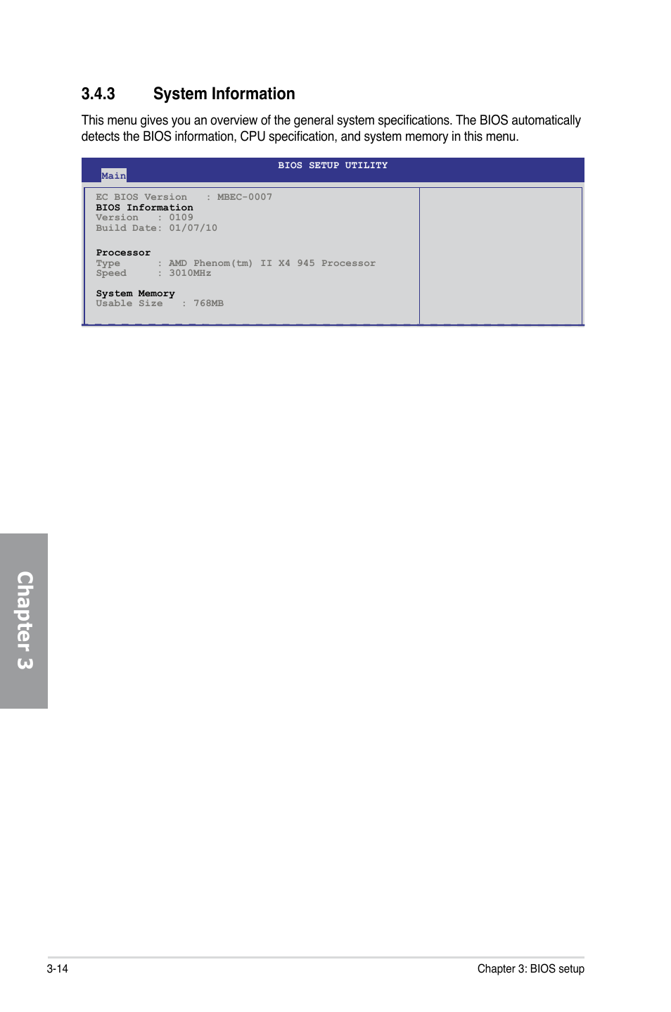 3 system information, System information -14, Chapter 3 | Asus M4A89GTD PRO/USB3 User Manual | Page 74 / 128