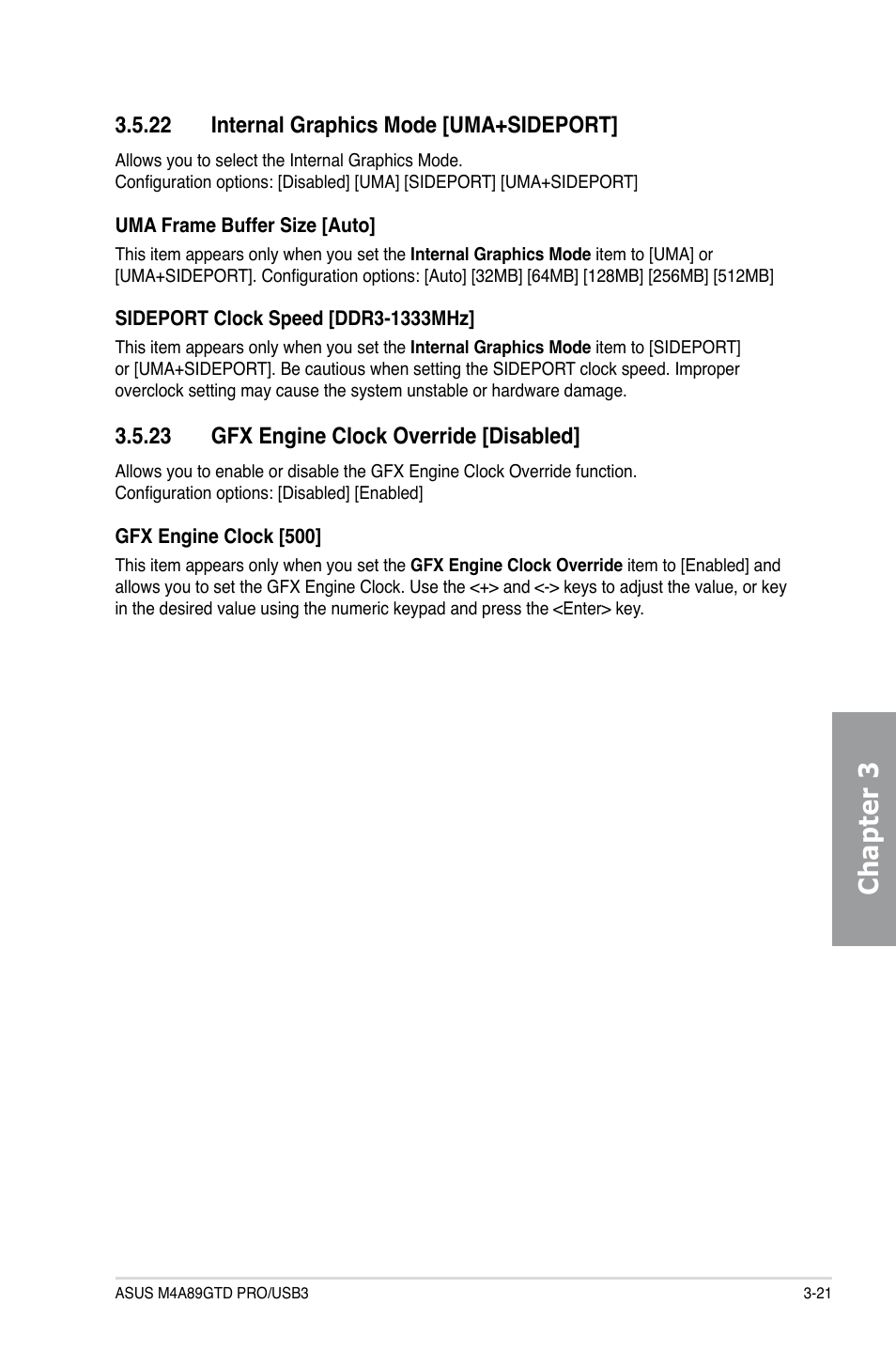 22 internal graphics mode [uma+sideport, 23 gfx engine clock override [disabled, Internal graphics mode -21 | Gfx engine clock override -21, Chapter 3 | Asus M4A89GTD PRO/USB3 User Manual | Page 81 / 128