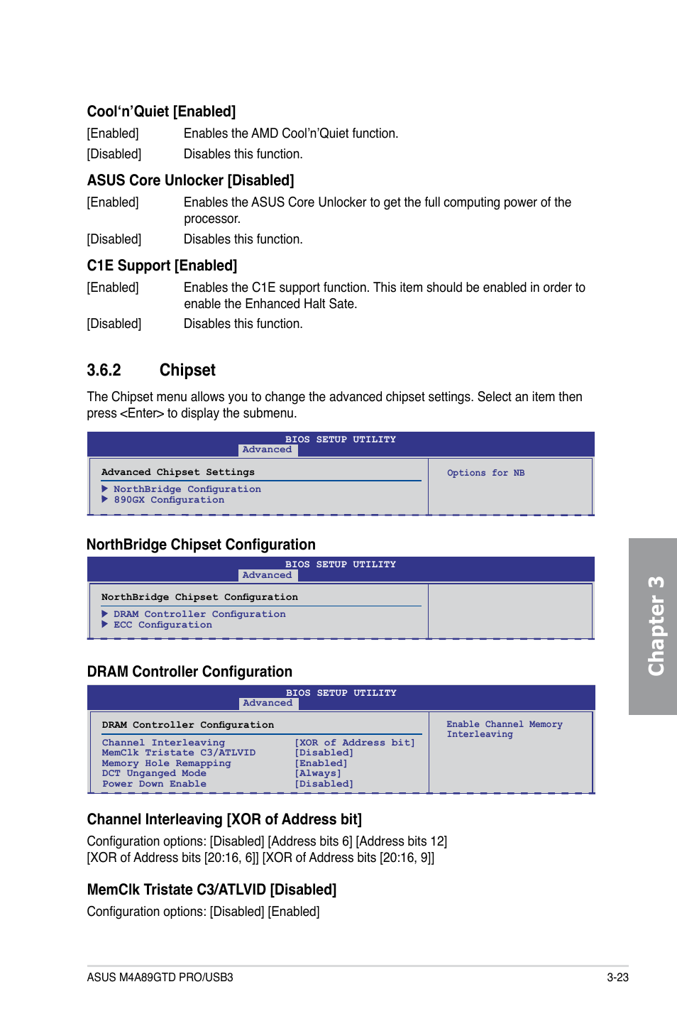 2 chipset, Chipset -23, Chapter 3 | Cool‘n’quiet [enabled, Asus core unlocker [disabled, C1e support [enabled, Northbridge chipset configuration, Dram controller configuration, Channel interleaving [xor of address bit, Memclk tristate c3/atlvid [disabled | Asus M4A89GTD PRO/USB3 User Manual | Page 83 / 128