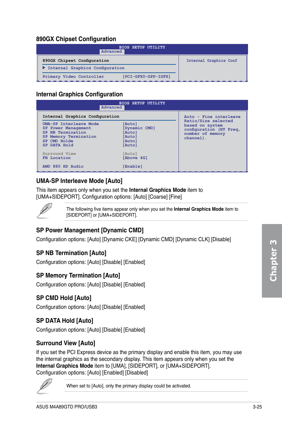 Chapter 3, 890gx chipset configuration, Uma-sp interleave mode [auto | Sp power management [dynamic cmd, Sp nb termination [auto, Sp cmd hold [auto, Sp data hold [auto, Surround view [auto, Internal graphics configuration | Asus M4A89GTD PRO/USB3 User Manual | Page 85 / 128